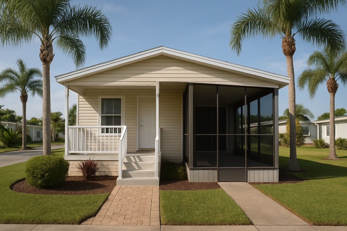 Florida manufactured home with a screened lanai and front porch