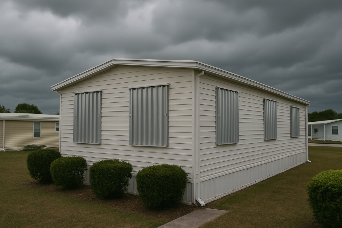 Florida mobile home with closed hurricane shutters before storm season