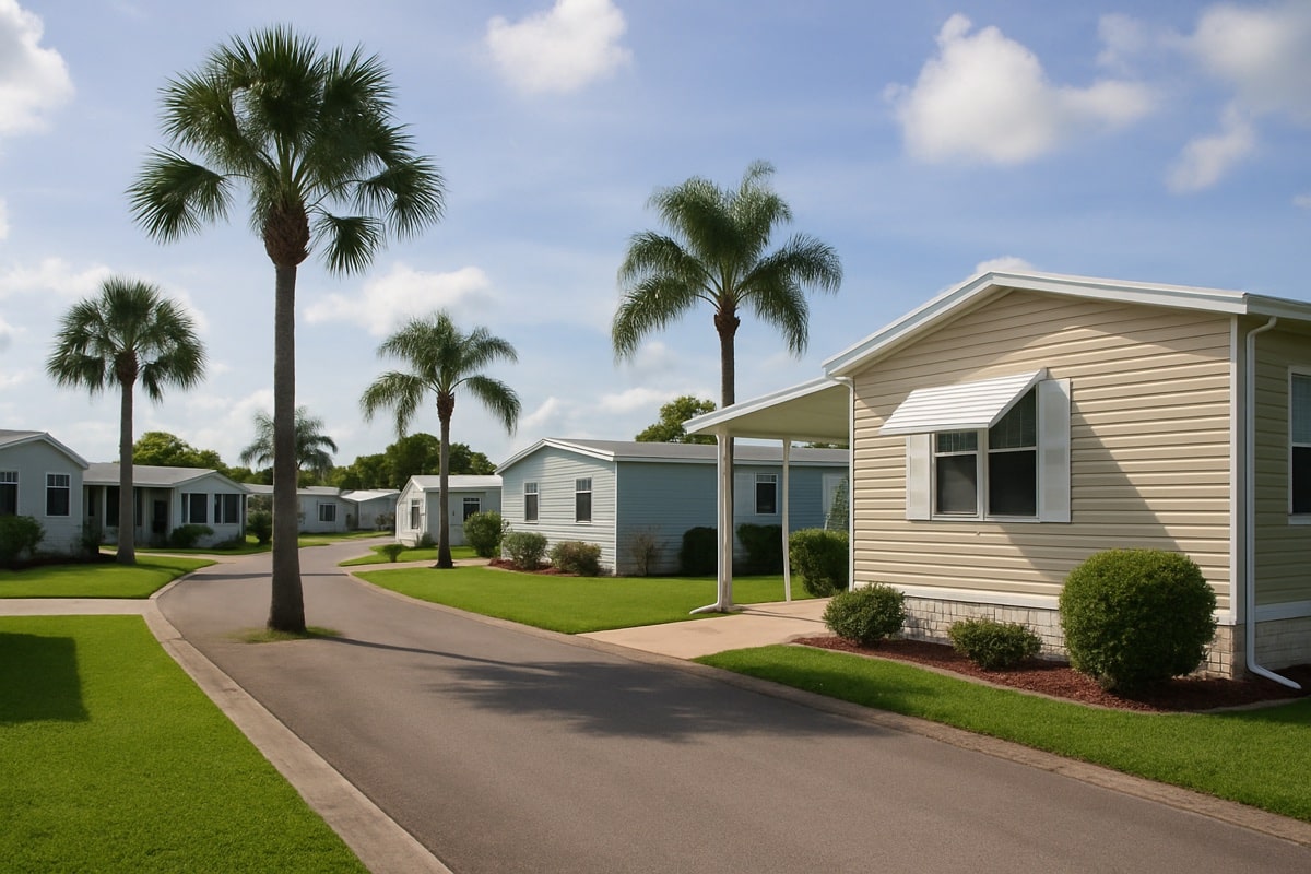 Well-kept Florida manufactured home community with palms and tidy yards