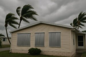 Manufactured home with closed hurricane shutters before a storm