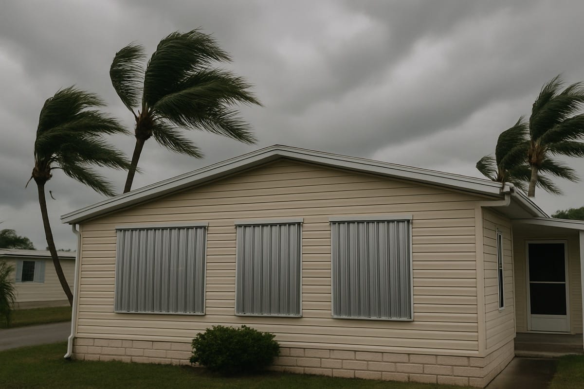 Manufactured home with closed hurricane shutters before a storm