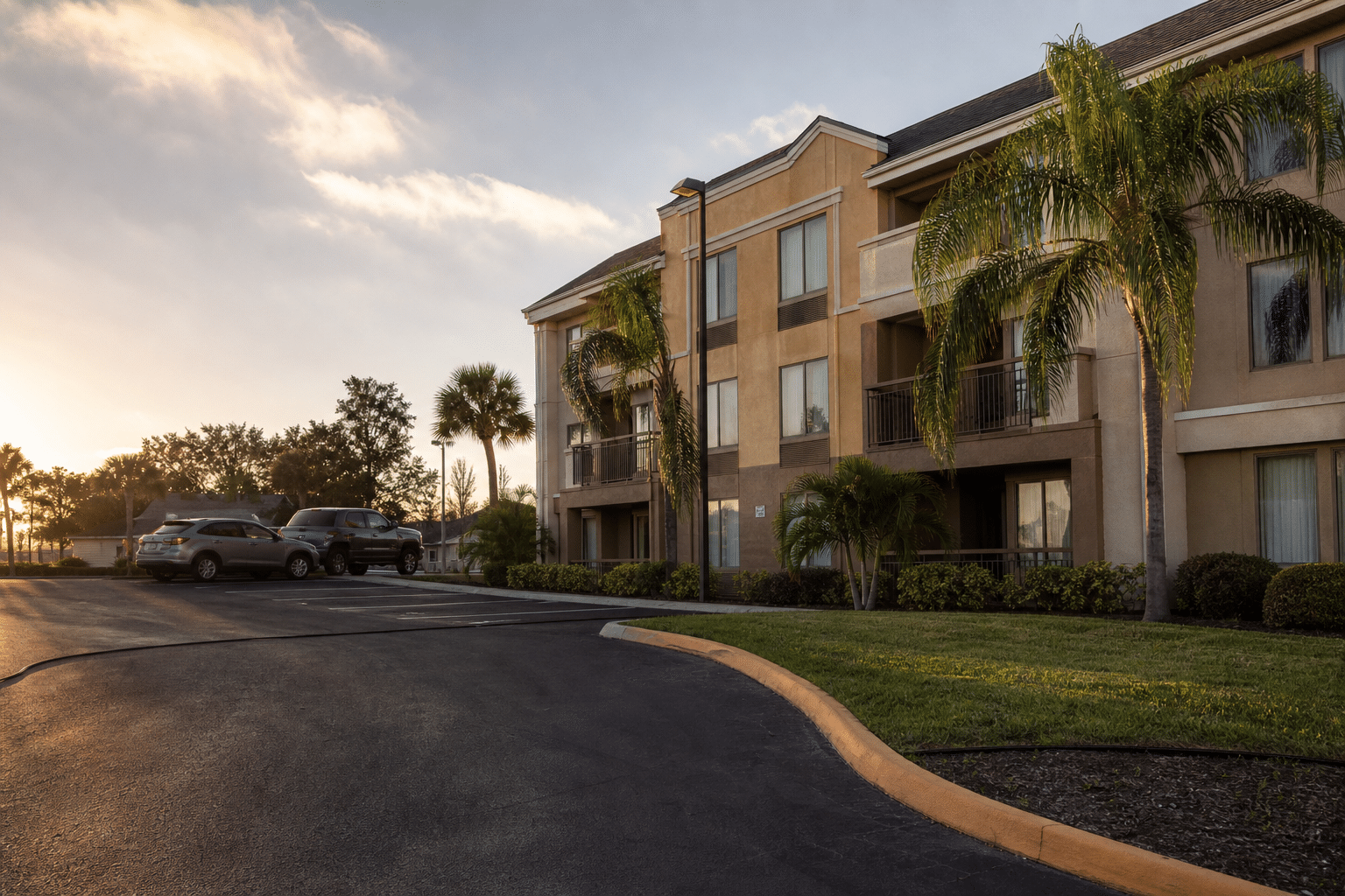 Extended-stay hotel in Florida at dusk