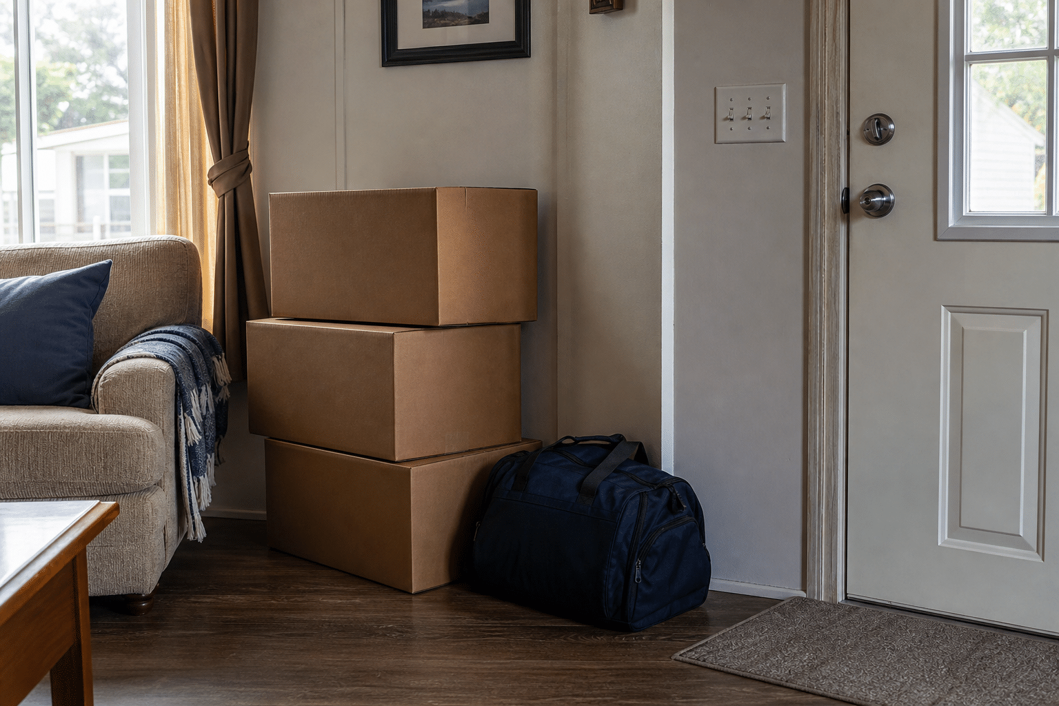 Unlabeled moving boxes and a packed bag by the front door of a manufactured home