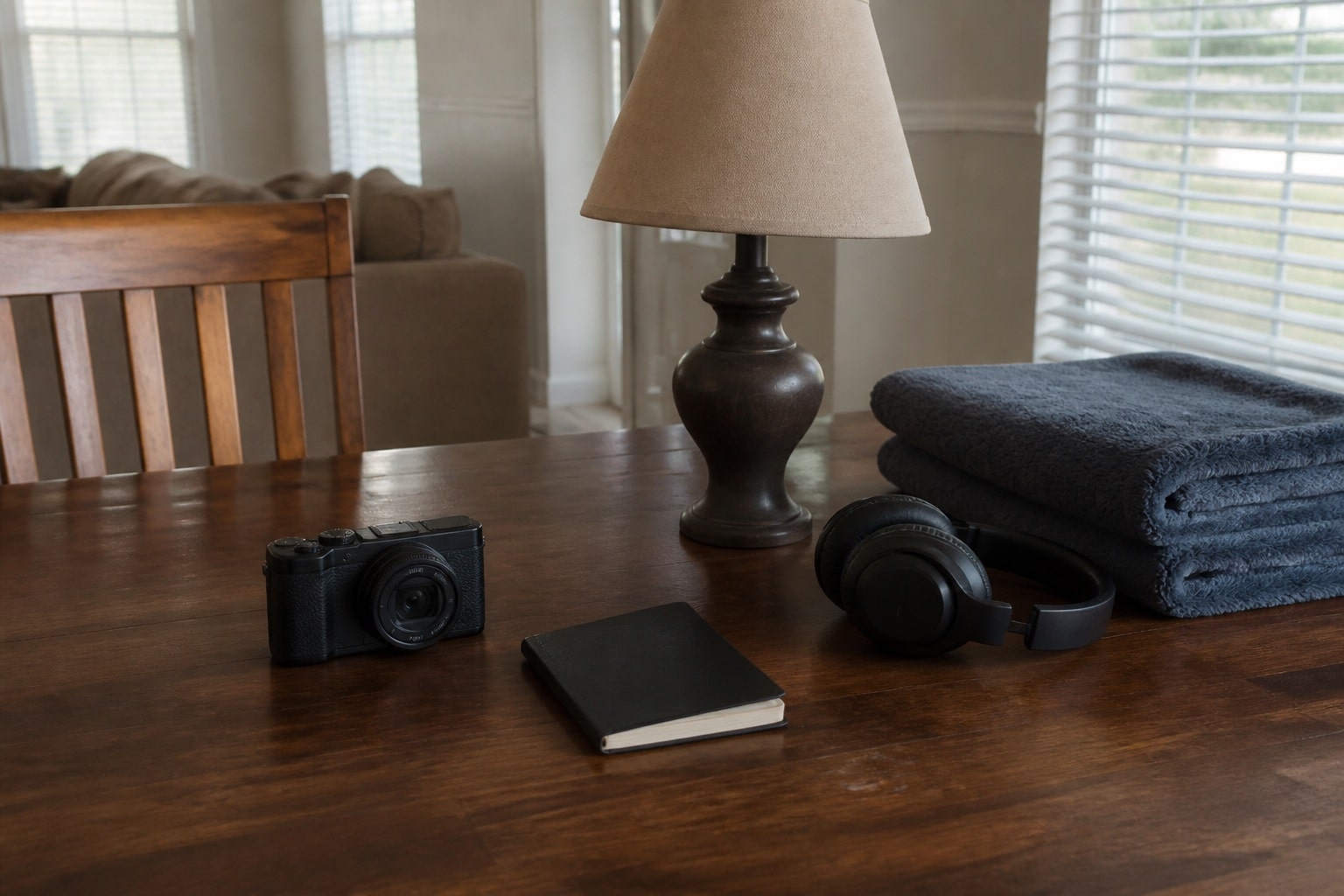 Camera, notebook and household belongings arranged for a home inventory
