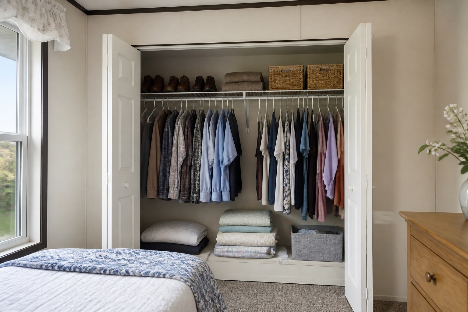 Clothing, shoes and storage bins in an organized manufactured-home closet