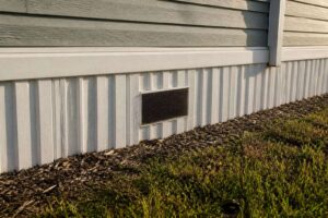 Vinyl skirting panel and foundation vent at the base of a manufactured home in Florida