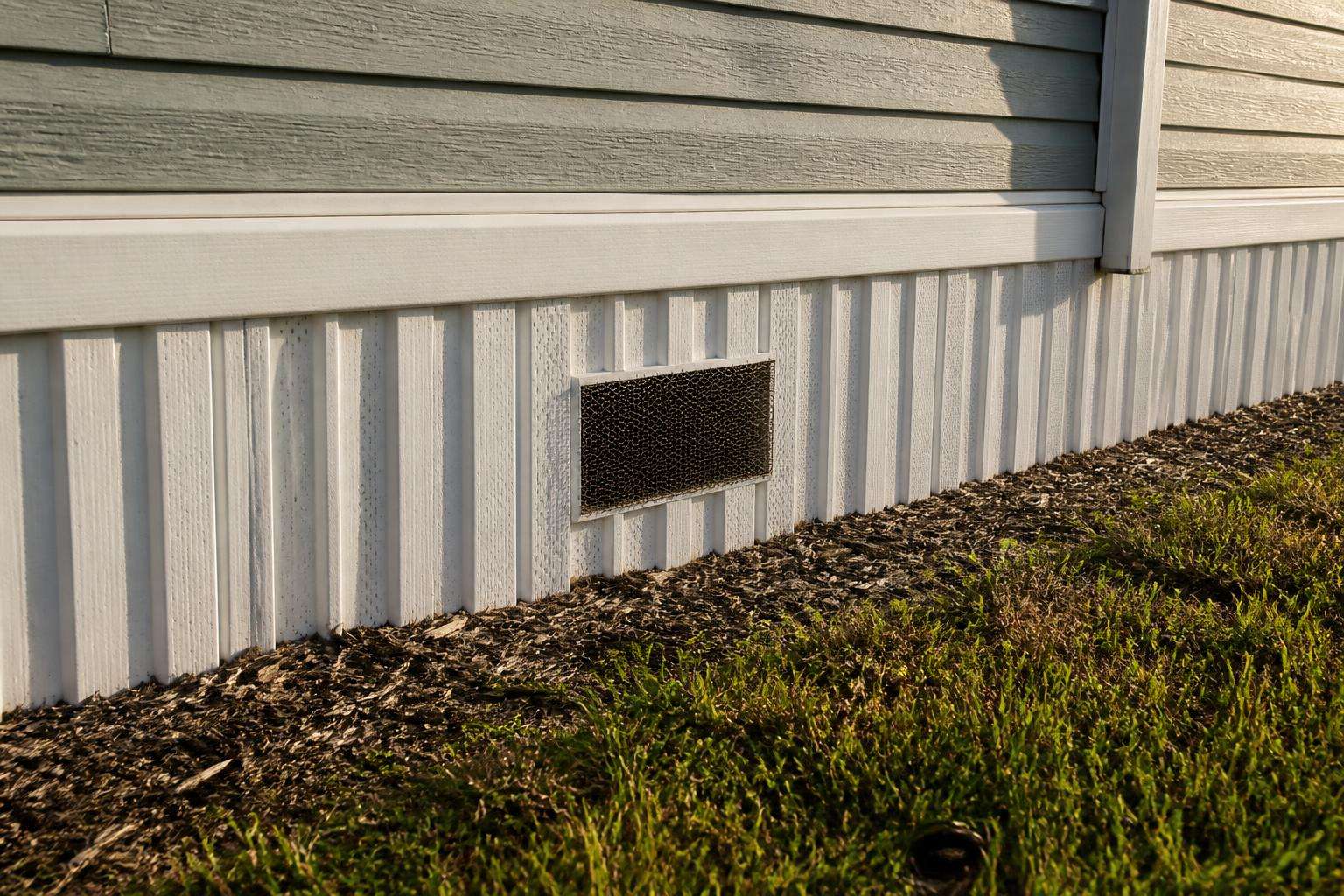 Vinyl skirting panel and foundation vent at the base of a manufactured home in Florida