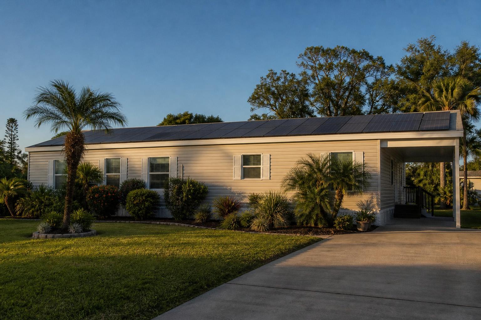 Manufactured home in Florida with rooftop solar panels installed