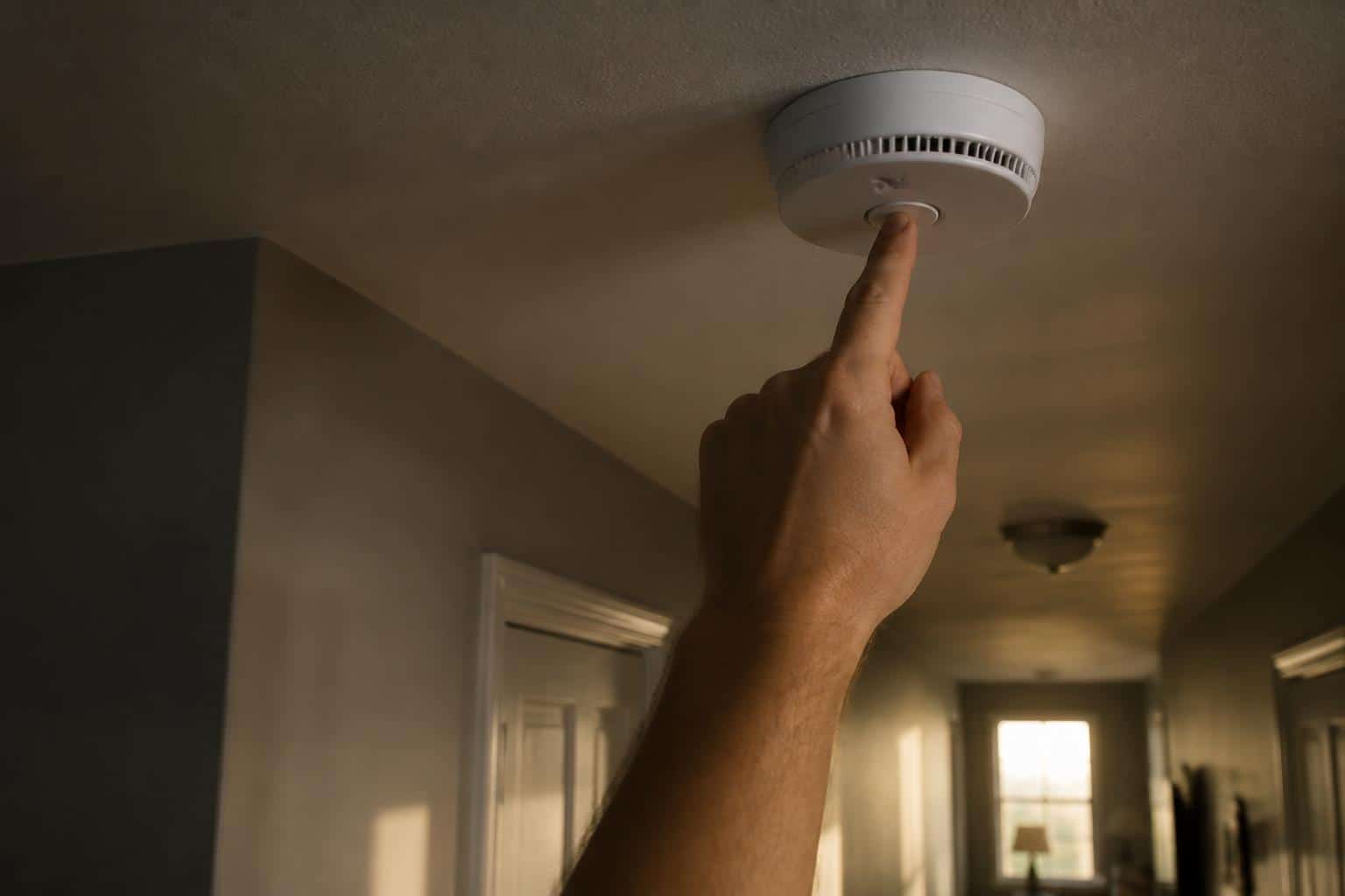 Hand pressing the test button on a ceiling-mounted smoke detector