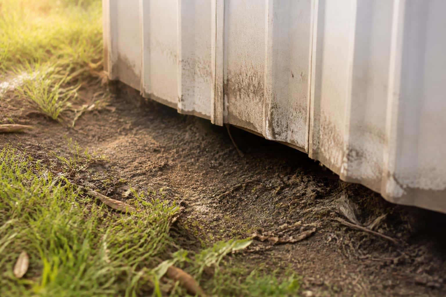 Small gap and water staining at the base of mobile home skirting near the ground