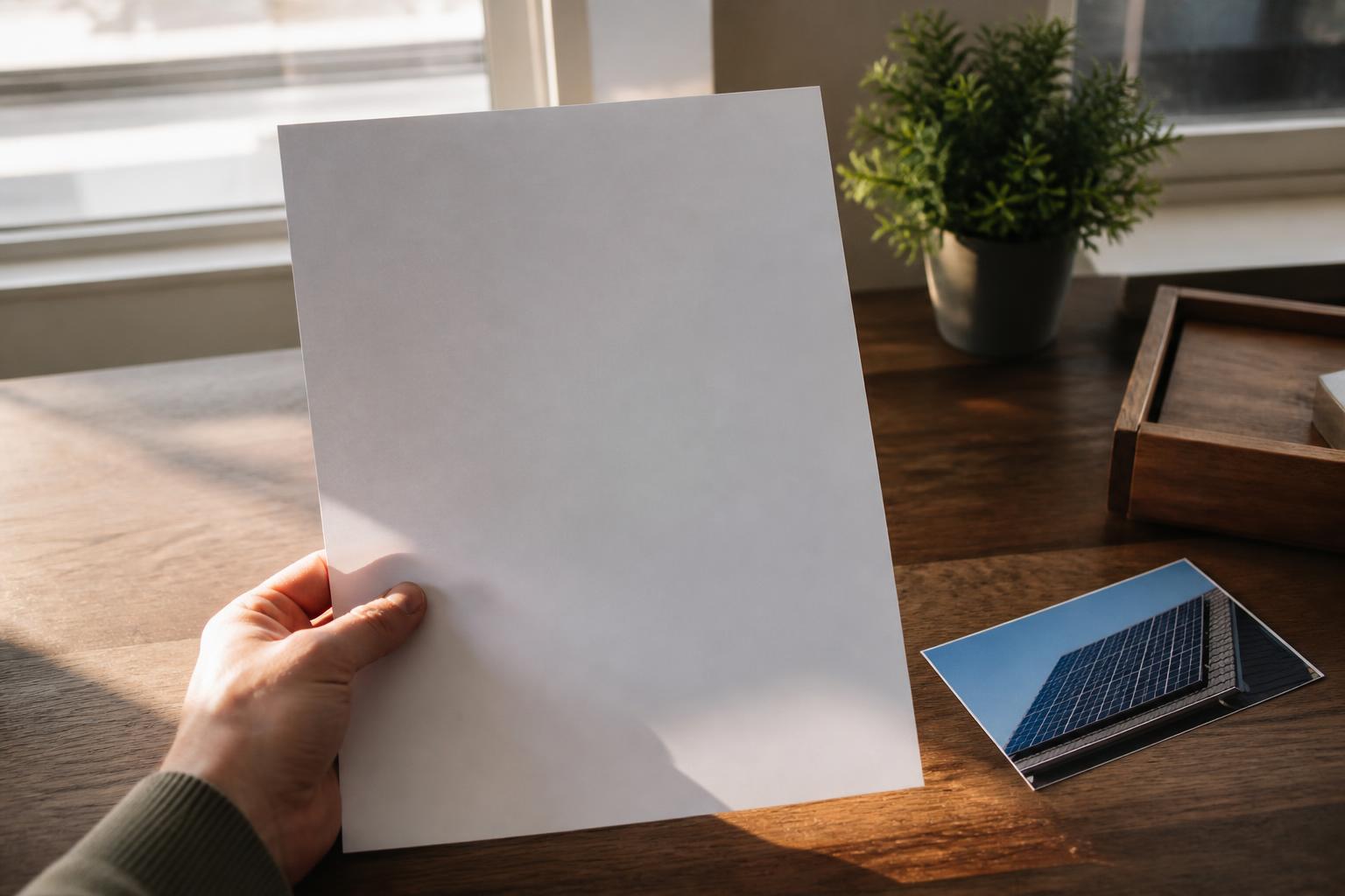 Hand holding an insurance declarations page next to a printed photo of rooftop solar panels