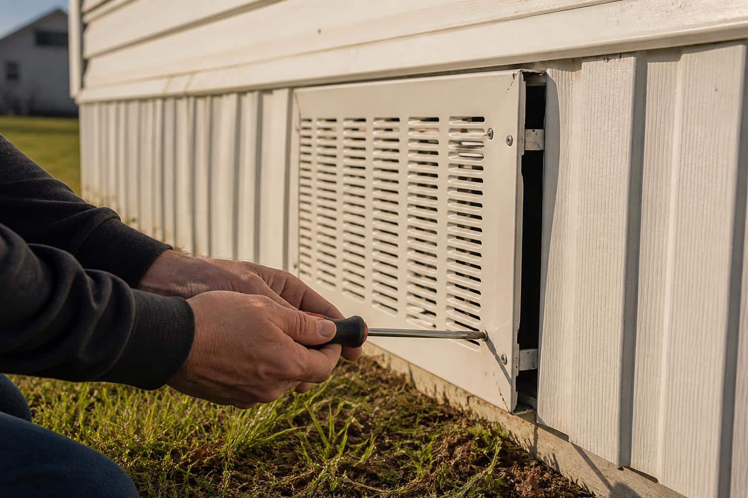 Hands removing a foundation vent panel from mobile home skirting with a screwdriver
