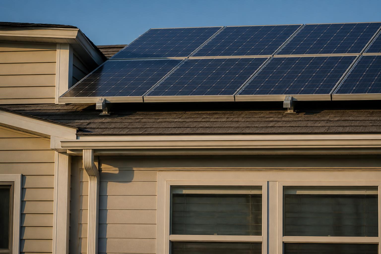 Close-up of solar panels mounted on a manufactured home roof with visible mounting hardware
