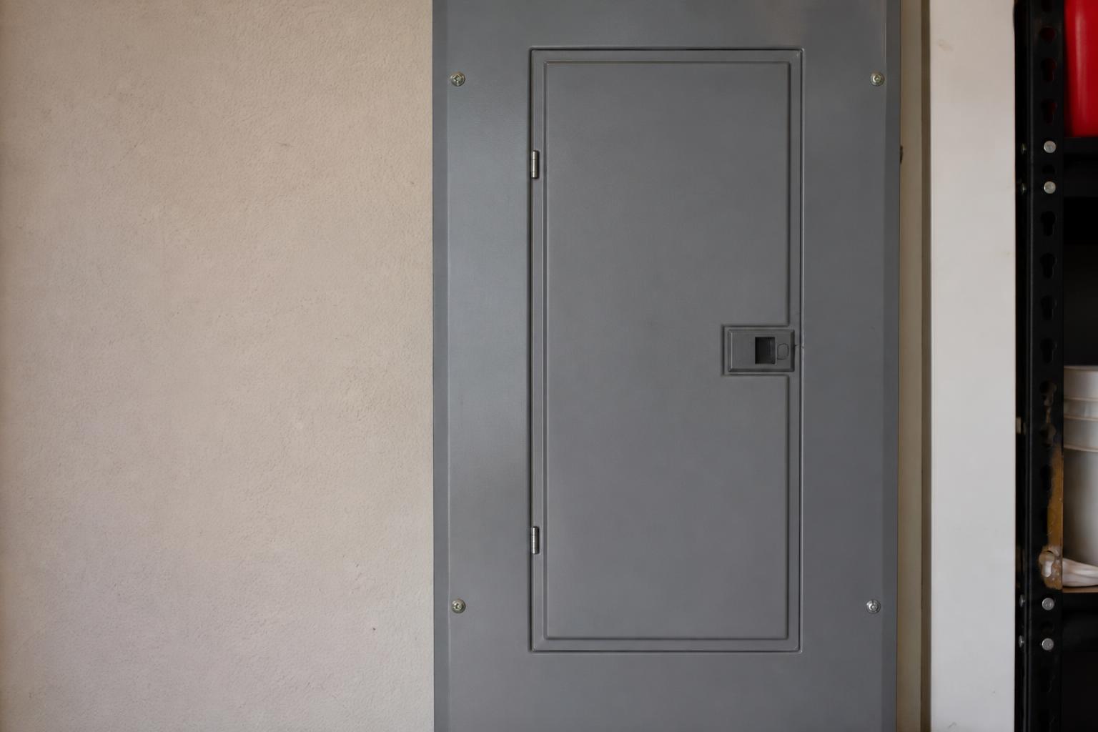Close-up of a residential electrical breaker panel with the cover closed
