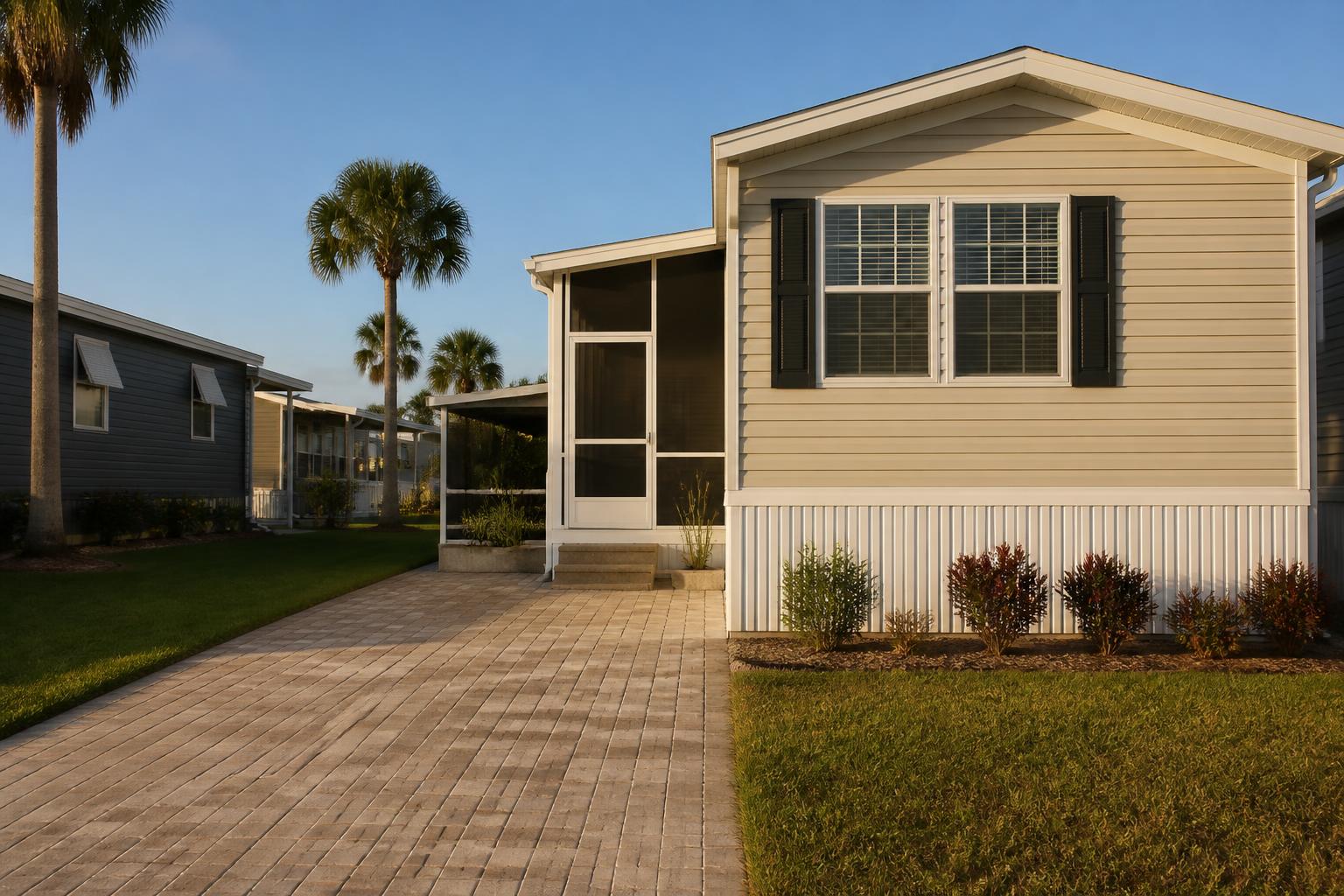 Manufactured home exterior in a Florida community with a paver walkway and palm trees