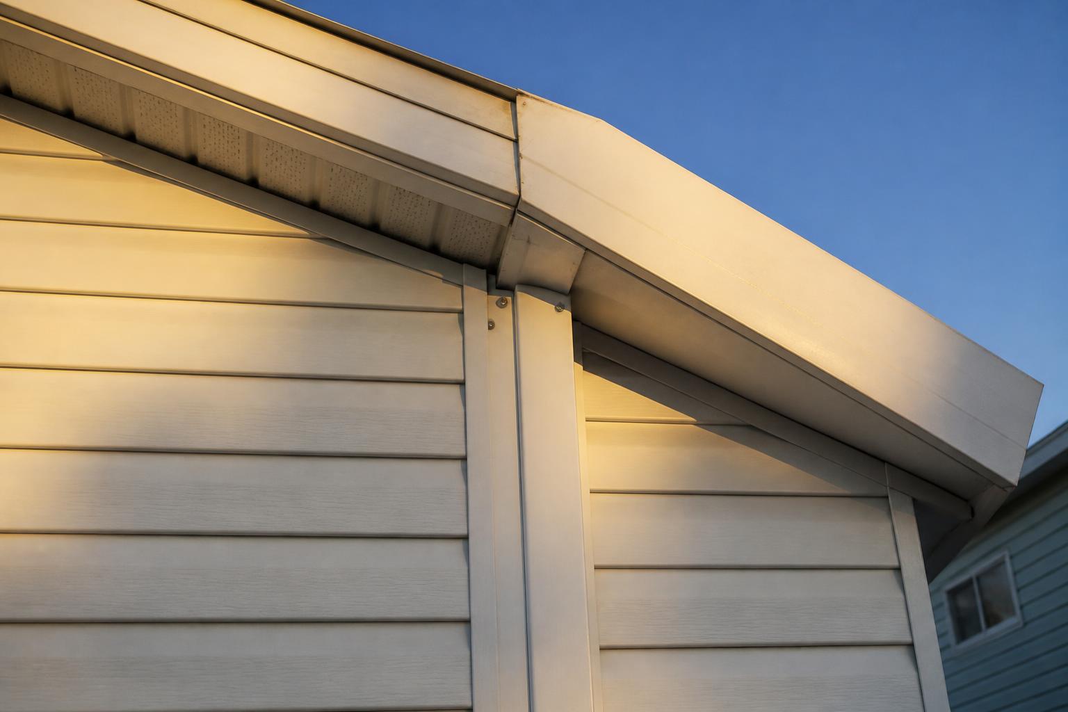 Close-up of a roof edge and roof-to-wall connection area on a Florida manufactured home