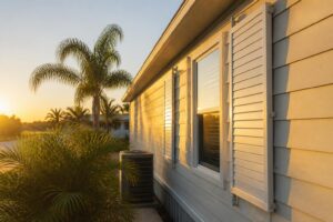 Manufactured home exterior in a Florida community with hurricane shutters mounted beside a window