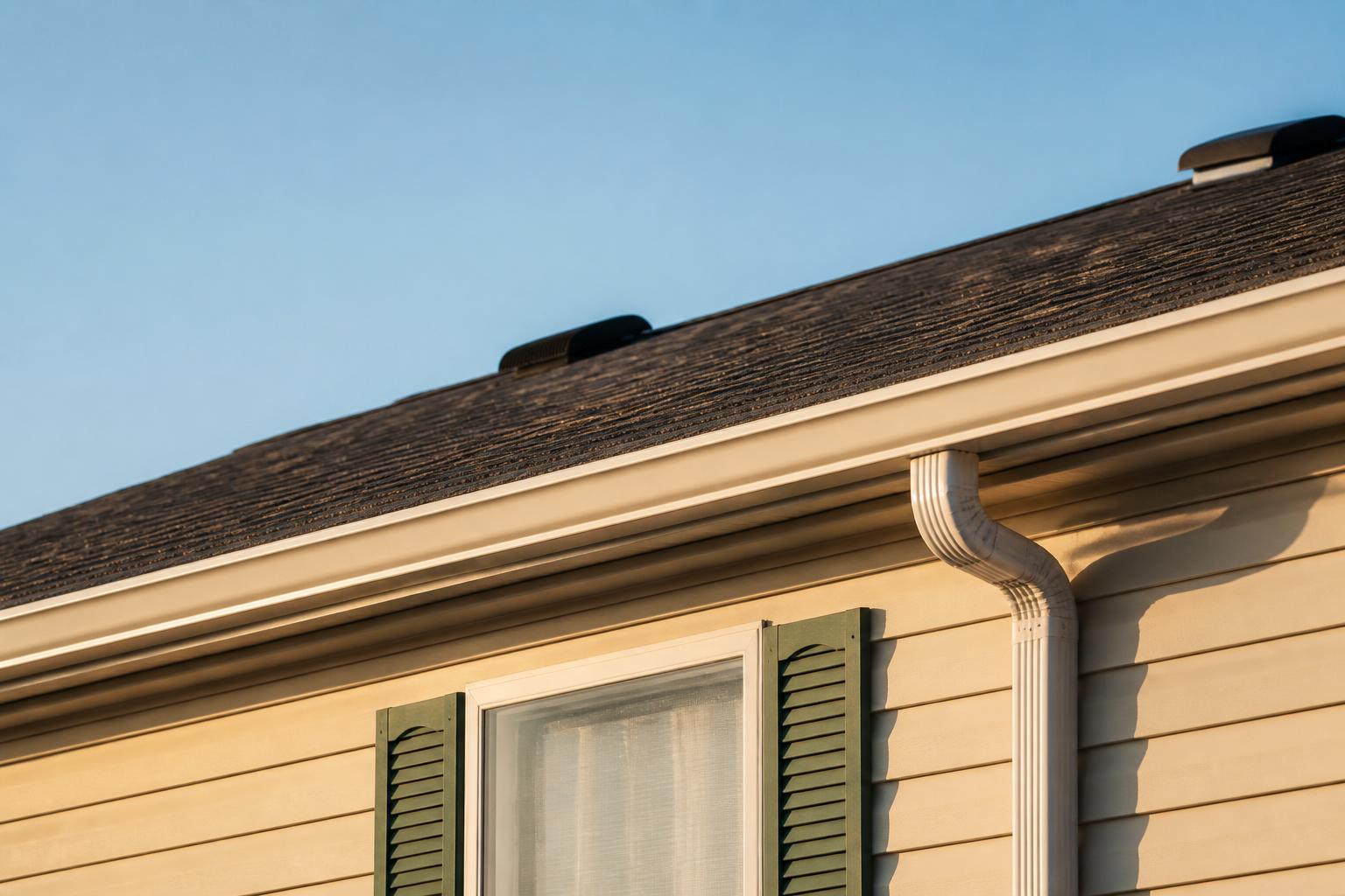 Close-up of a shingle roofline and gutter on a Florida manufactured home
