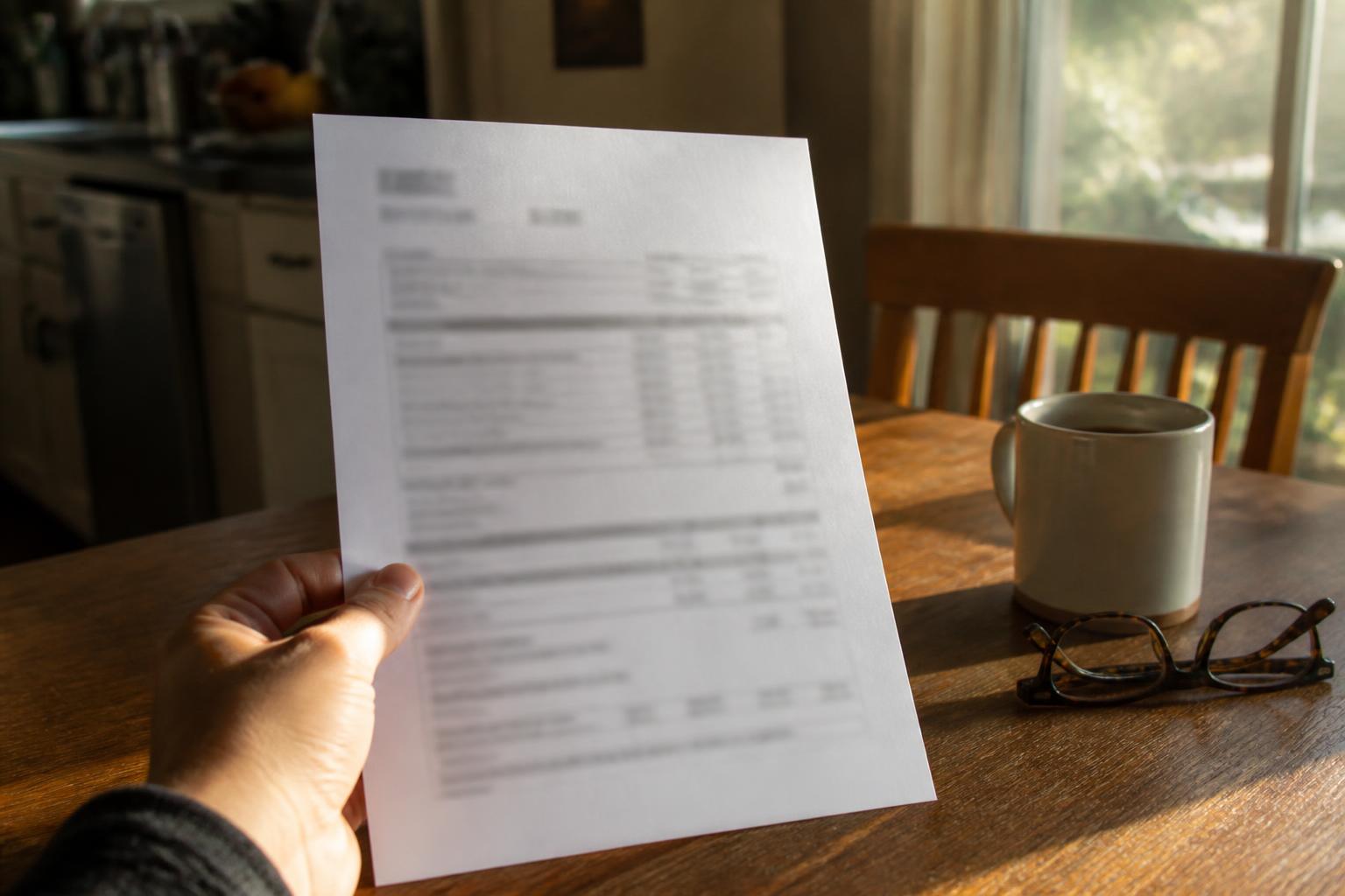 Homeowner reviewing an insurance policy document at a kitchen table