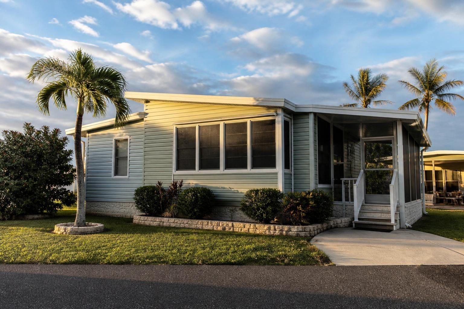 Manufactured home exterior under a clear sky with a neatly kept yard after a storm