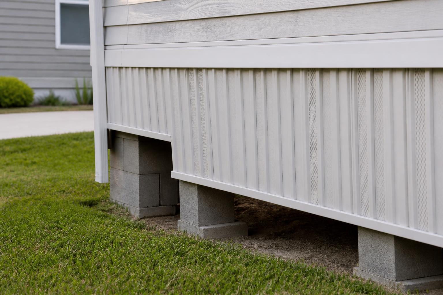 Close-up of a manufactured home's foundation piers and vinyl skirting at ground level
