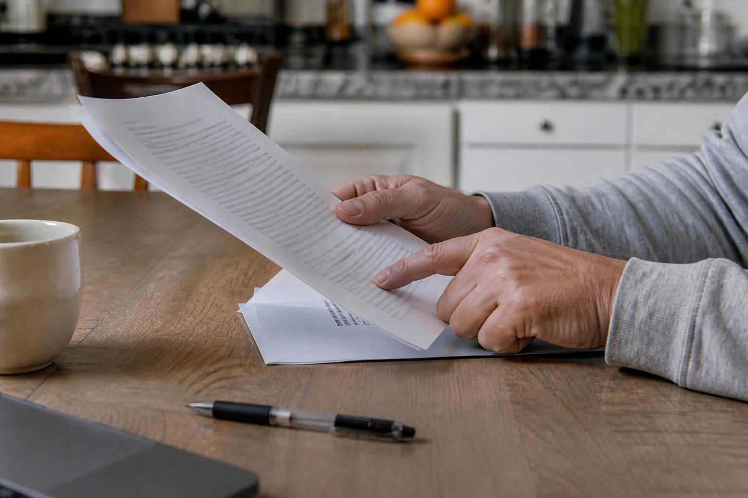 Homeowner reviewing a printed insurance policy document at a kitchen table