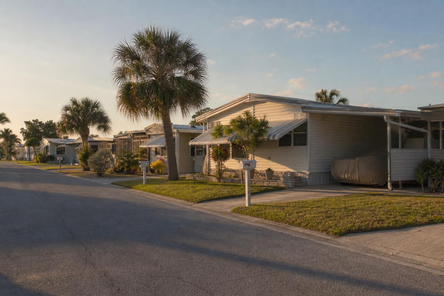 Quiet manufactured home community street in Florida